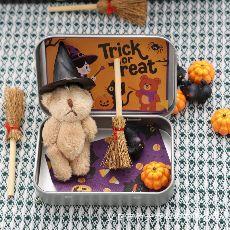 Cute Halloween Teddy Bear Gift Box – Witch Bear with Broom & Pumpkin Decor