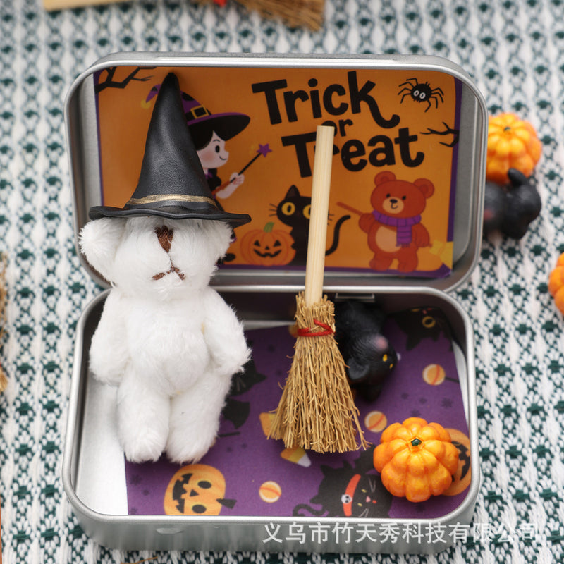 Cute Halloween Teddy Bear Gift Box – Witch Bear with Broom & Pumpkin Decor