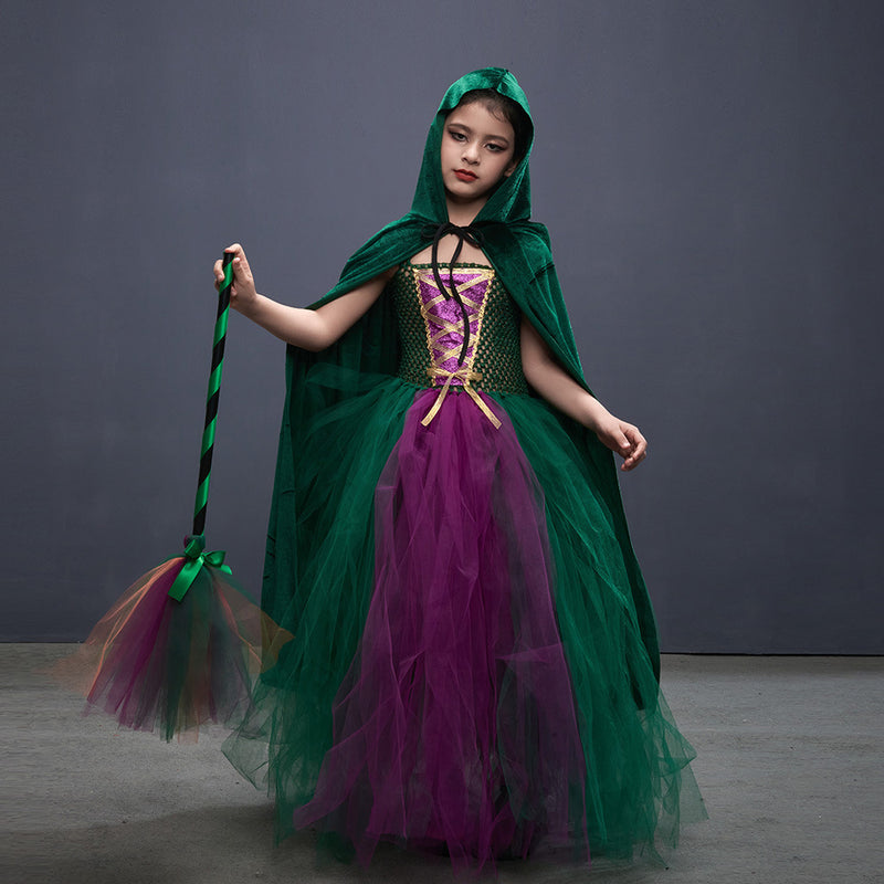 Halloween Costume Witch Children Dress Cloak Broom Set