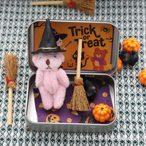 Cute Halloween Teddy Bear Gift Box – Witch Bear with Broom & Pumpkin Decor