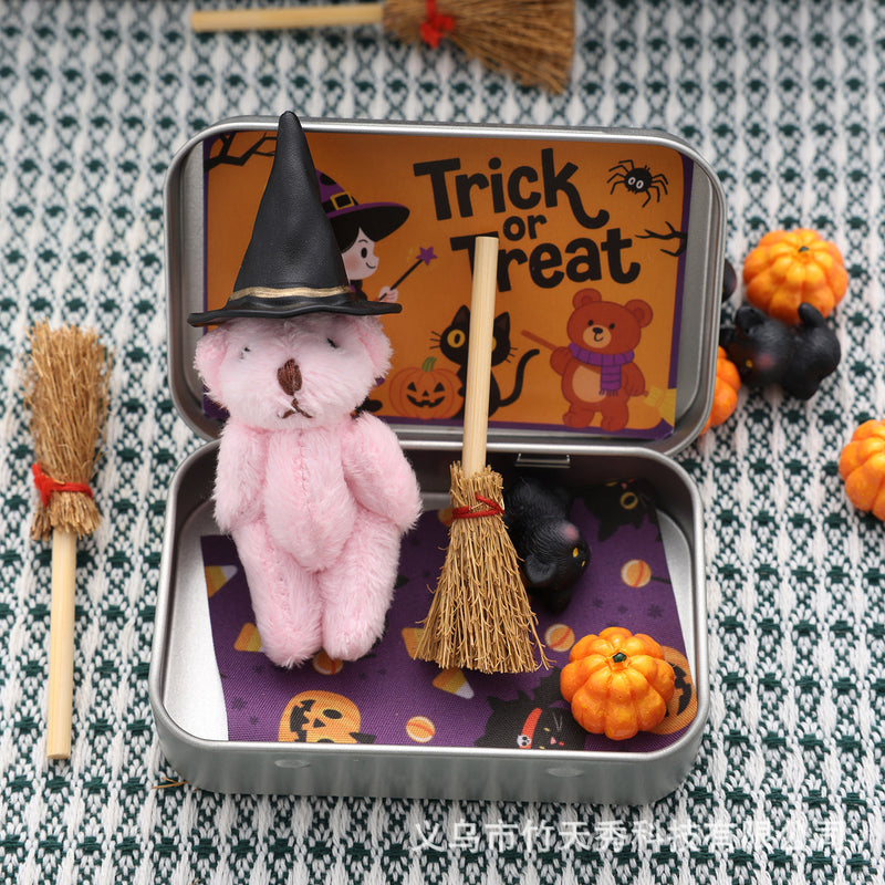 Cute Halloween Teddy Bear Gift Box – Witch Bear with Broom & Pumpkin Decor