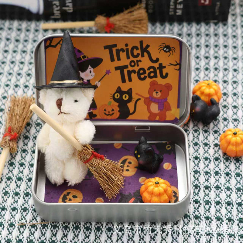Cute Halloween Teddy Bear Gift Box – Witch Bear with Broom & Pumpkin Decor