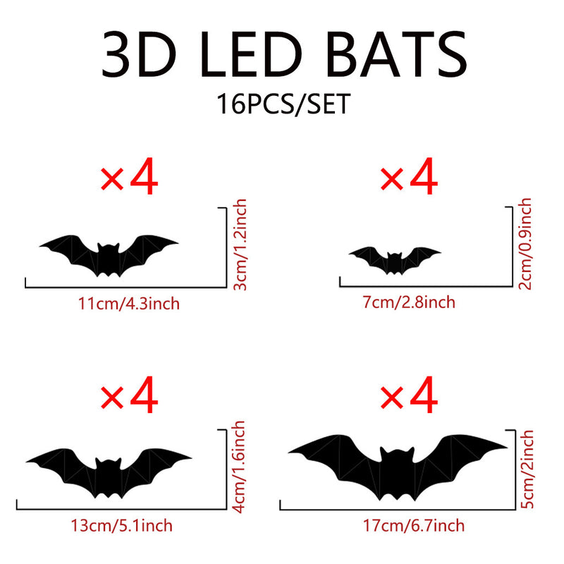 16PCS Halloween Glowing Bat Wall Stickers – 3D LED Bats Decoration