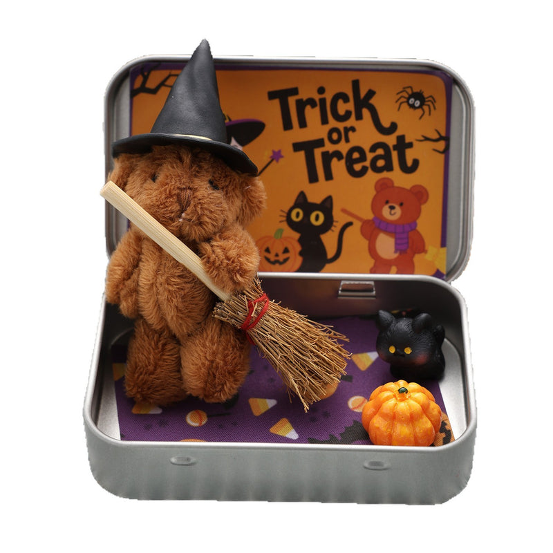 Cute Halloween Teddy Bear Gift Box – Witch Bear with Broom & Pumpkin Decor