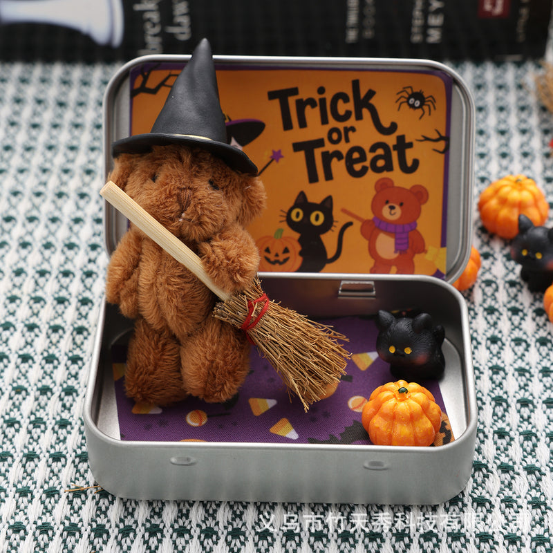 Cute Halloween Teddy Bear Gift Box – Witch Bear with Broom & Pumpkin Decor